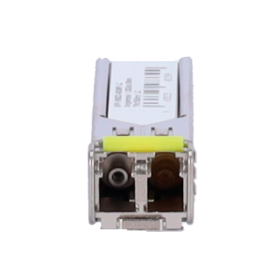 Conector fibra ótica branco com faixa amarela e componentes internos visíveis