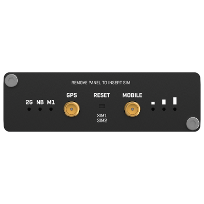 Painel frontal preto de dispositivo eletrónico com conetores e texto instrutivo