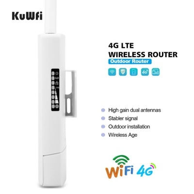 Roteador wireless 4G LTE branco com antena e painel de indicadores da KuWfi