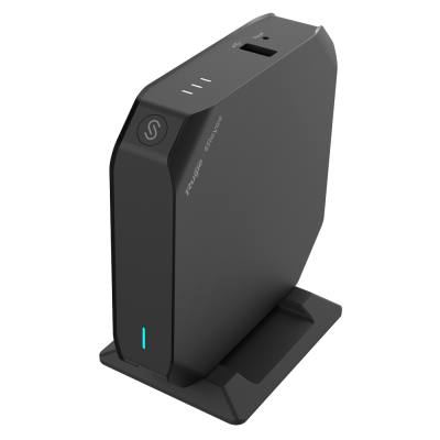 Dispositivo preto rectangular em pé numa base com indicadores luminosos e botão