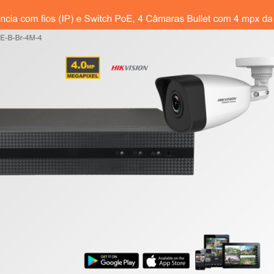 Sistema de Videovigilância com fios (IP) e Switch PoE, 4 Câmaras Bullet com 4 mpx da Hikvision