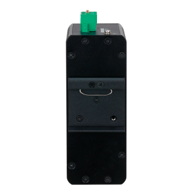 Dispositivo eletrônico preto com conector verde e parafusos visíveis