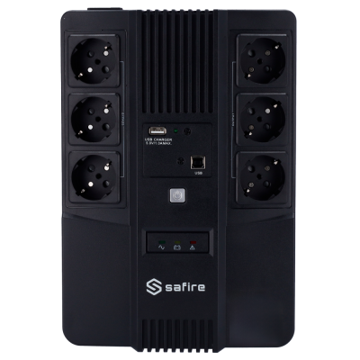 Estabilizador Safire preto com seis tomadas e indicadores luminosos