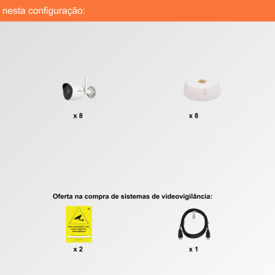 Componentes de sistema de videovigilância com câmaras, gravador, rato, cabos e placas de aviso