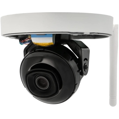 Câmara de segurança de teto branca com lente preta e antena wireless