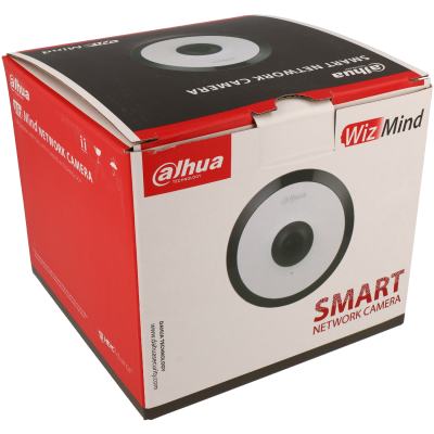 Caixa vermelha e branca com uma imagem de câmara Dahua SMART NETWORK CAMERA