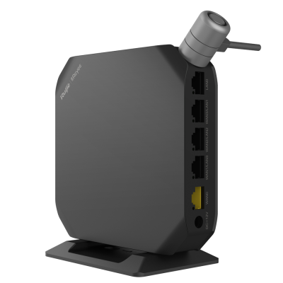 Roteador Wi-Fi preto com antena externa e várias portas Ethernet
