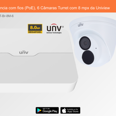 Sistema de Videovigilância com fios (PoE), 6 Câmaras Turret com 8 mpx da Uniview Sistema de Videovigilância com fios (PoE), 6 Câmaras Turret com 8 mpx da Uniview