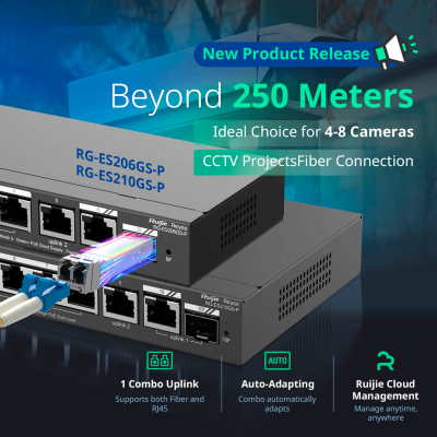 dois dispositivos de rede cinza escuro com portas Ethernet e de fibra óptica, texto promocional em fundo azul