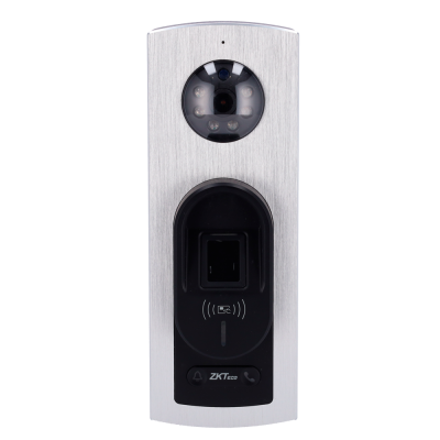 Dispositivo de controlo de acesso metálico com câmera, leitor biométrico e botões