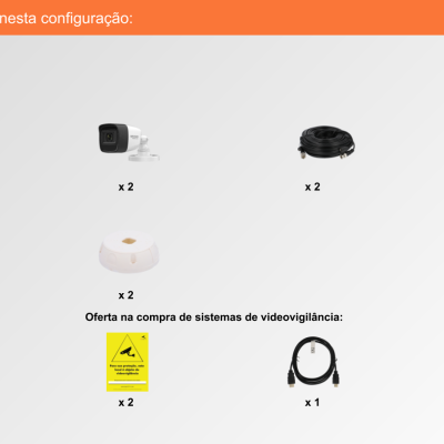Componentes de sistema de videovigilância com descrição e logótipo