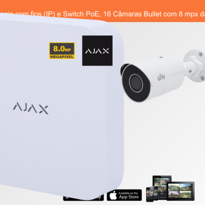 Sistema de Videovigilância com fios (IP) e Switch PoE, 16 Câmaras Bullet com 8 mpx da Ajax