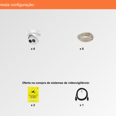 Sistema de Videovigilância com fios (PoE), 8 Câmaras Turret com 8 mpx da Hikvision Sistema de Videovigilância com fios (PoE), 8 Câmaras Turret com 8 mpx da Hikvision