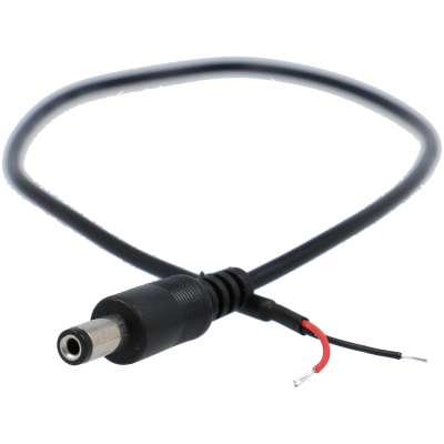 Cabo de energia preto com conector DC e fios expostos.