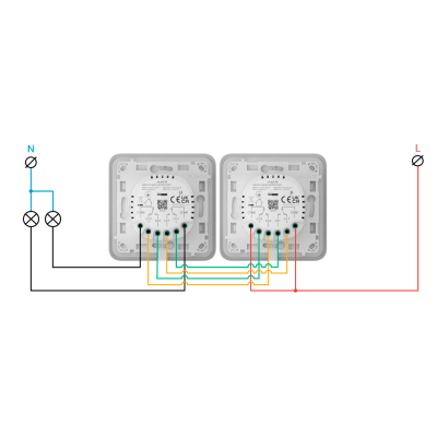 Dois interruptores elétricos brancos com fios coloridos num esquema de ligação