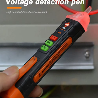 Caneta detetora de voltagem preta e laranja com botões coloridos e luz vermelha