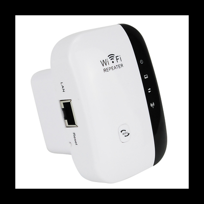 Extensor de sinal WiFi repetidor branco e preto em fundo branco