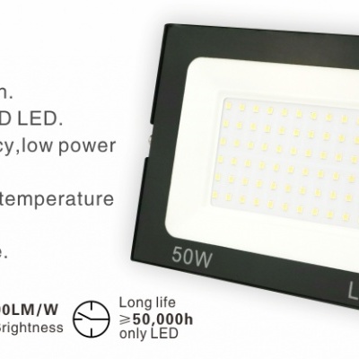 Refletor LED preto e branco com texto de características técnicas em inglês