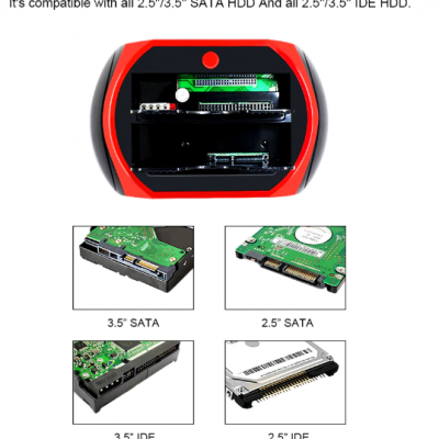 Dispositivo compatível com HDD SATA e IDE com diferentes tipos de conexões mostradas.