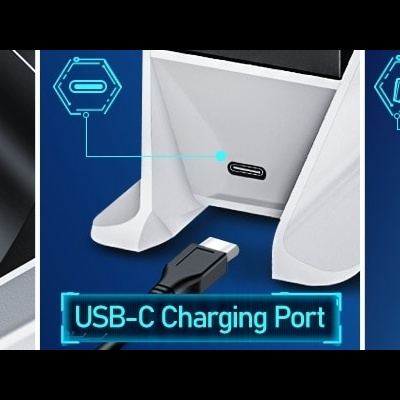 Close-ups de dispositivo branco mostrando Safety Pin metálico, porta USB-C de carregamento e almofadas antiderrapantes pretas.