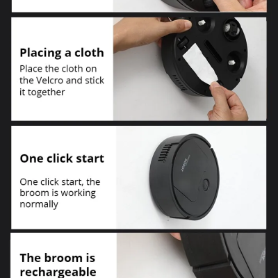 Robô aspirador preto com instruções de operação e imagens de uso