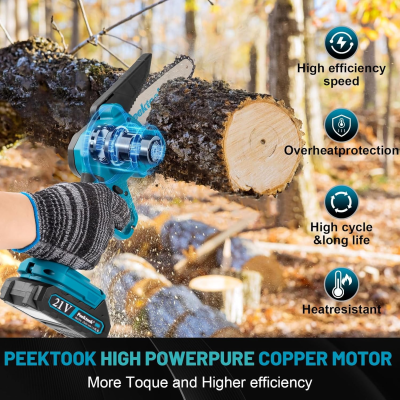 Mini serra elétrica azul PEEKTOOK a cortar madeira com texto e ícones