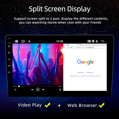 Ecrã digital dividido entre vídeo de festa e navegador Google, com texto em inglês num fundo estrelado