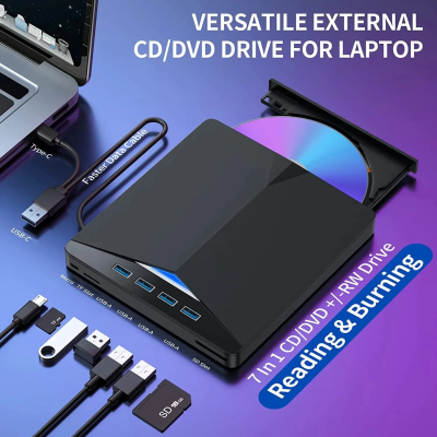 Unidade externa preta para laptop com leitor CD/DVD e várias portas, sobre fundo azul com texto promocional.