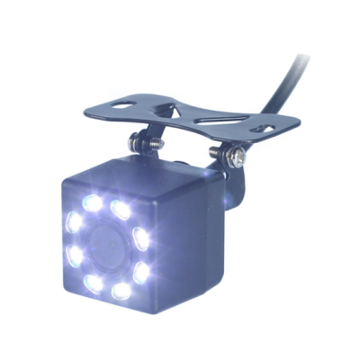 Câmara de segurança preta com LEDs brancos em fundo branco