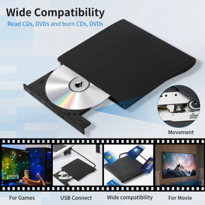 Leitor de CD/DVD externo preto com disco e texto de compatibilidade