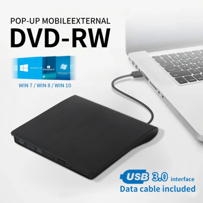 Drive externo USB 3.0 DVD-RW preto conectado a portátil cinza prateado.