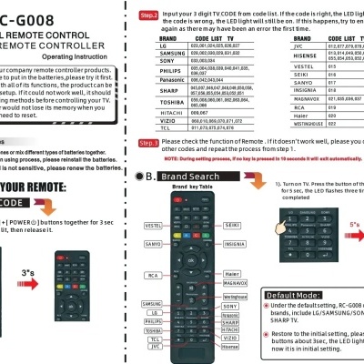 Instruções de controlo remoto universal RC-G008 com lista de códigos e passos para configuração