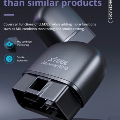 Dispositivo XTOOL Advancer AD10 para diagnóstico automóvel com conector de 16 pinos e texto informativo em inglês