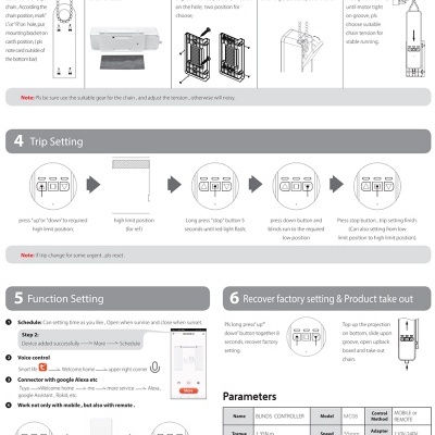 Instruções em inglês para montagem e configuração de cortina inteligente BLINDS CONTROLLER modelo MC05.