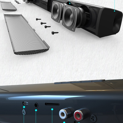 Barra de som preta desmontada mostrando componentes internos e conexões traseiras.