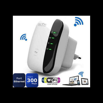 Repetidor Wi-Fi branco e preto com indicadores LED e etiquetas de especificações e compatibilidade