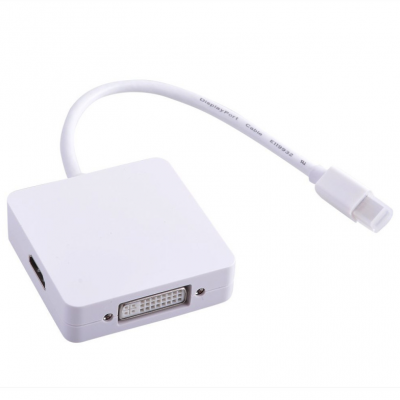 Adaptador de vídeo branco com entrada Mini DisplayPort e saídas HDMI e DVI