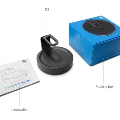 Base de carregamento preta com suporte, guia de configuração D3 e caixa azul