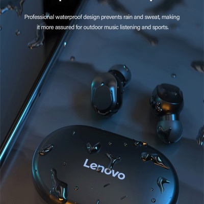 Auscultadores TWS Lenovo pretos com estojo de carregamento com gotas de água