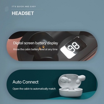 Headset sem fios branco com estojo de carregamento e ecrã digital de bateria