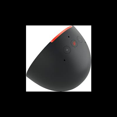 Coluna de som portátil preta com botões táteis e detalhes vermelhos