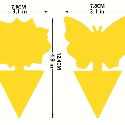Silhuetas amarelas de girassol e borboleta com medidas