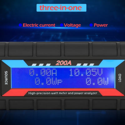Medidor de potência e analisador de energia digital preto com ecrã azul e detalhes vermelhos