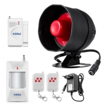 Sistema de alarme com sirene, sensores, telecomandos e adaptador.