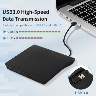 Leitor/gravação USB 3.0 preto ligado a portátil com texto informativo sobre transmissão de dados
