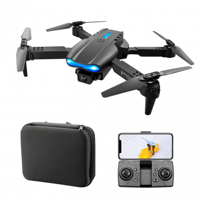 Drone preto com quatro hélices, comando com telemóvel, e mala de transporte preta