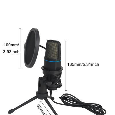 Microfone preto com filtro pop e cabo USB com medidas indicadas