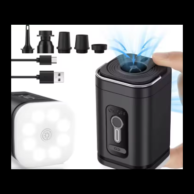 Mini compressor de ar portátil preto com acessórios e luz LED embutida
