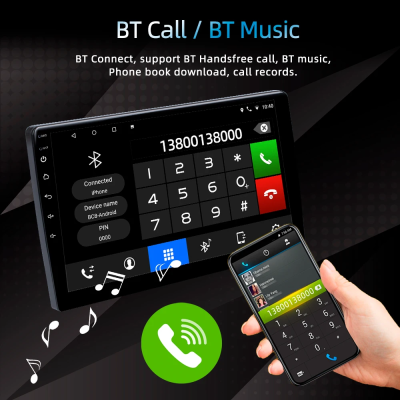 Dispositivo e telemóvel com interface de chamada e ícones de Bluetooth em fundo escuro