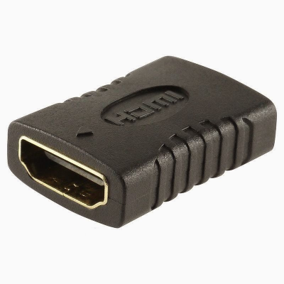 Adaptador HDMI fêmea para fêmea preto com terminais metálicos dourados